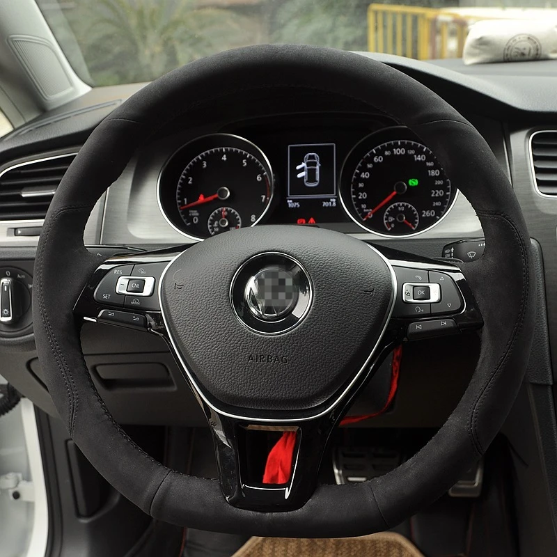 Hand stitched Black Suede Steering Wheel Cover for Volkswagen VW Golf 7