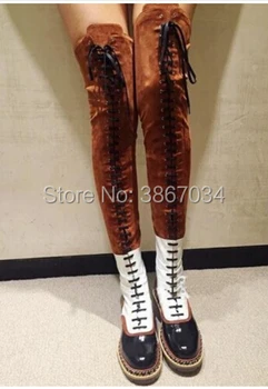 

SHOOEGLE Over the knee Gladiator Motorcycle Boots Women Square Low Heels Lace Up Thigh High Boots Runway Stage Shoes