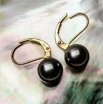 

free shipping >>>>noble jewelry 8.8mm Round Black Real Tahitian Pearl Leverback Earrings 14k Yellow Gold