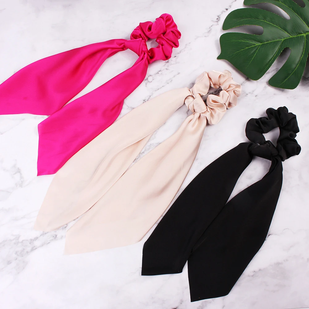 summer Ponytail Scarf Elastic Hair Rope for Women Hair Bow Ties Scrunchies Hair Bands Flower Print solid Ribbon Hairbands