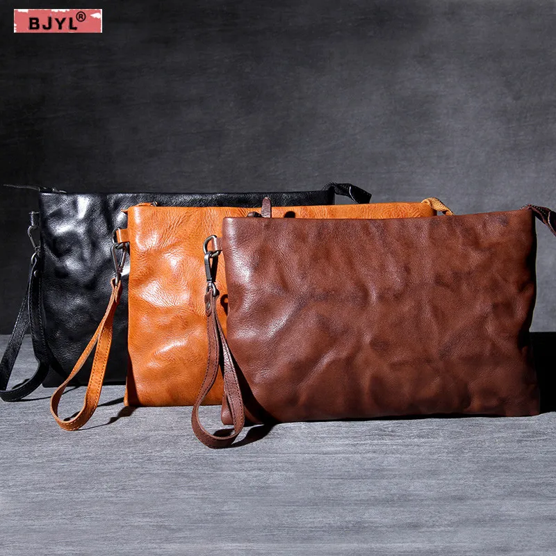 

BJYL Simple retro Men clutch bag first layer cowhide large capacity male hand bag original handmade multi-function envelope bags