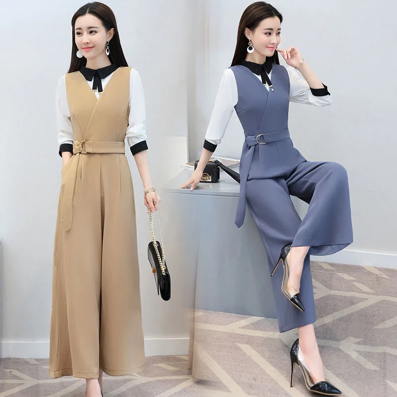 

Spring new round neck long-sleeved splicing coat wide leg wild two-piece suit