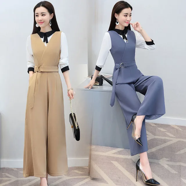 Best Offers Spring new round neck long-sleeved splicing coat wide leg wild two-piece suit Best Offers Spring new round neck long-sleeved splicing coat wide leg wild two-piece suit