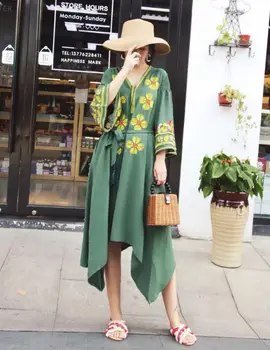 

HCBLESS Cotton and linen dress summer women's new holiday style heavy work embroidery loose V-neck long dress