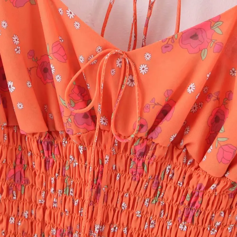 Летнее винтажное пляжное оранжевое платье с цветочным принтом, мини-платье с рюшами и открытой спиной, Элегантное повседневное дизайнерское шифоновое платье в стиле ретро