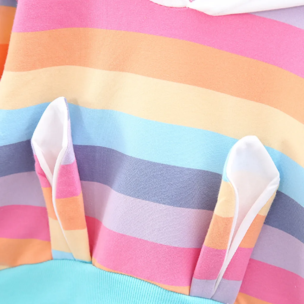 Детский свитер с капюшоном в разноцветную полоску с радугой для маленьких мальчиков и девочек; толстовка с капюшоном и объемными ушками; одежда для малышей;
