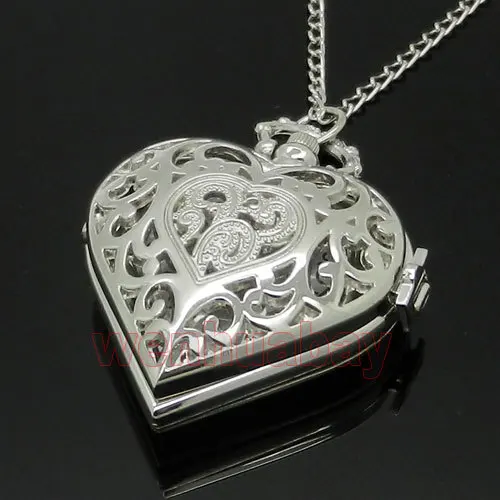 Серебряные полые Кварцевые в форме сердца карманные часы ожерелье стимпанк часы кулон женский подарок P72