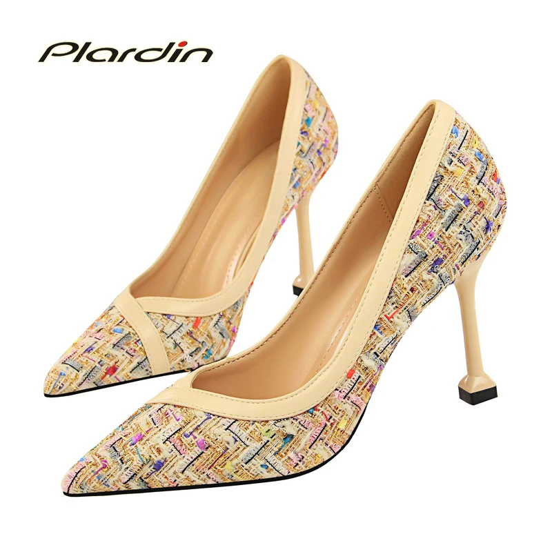 

Plardin New Woman Fashion Concise Party Sexy Shoes Color Stitching High Heels Women Shoes High Heel Mosaic Style Women Pumps