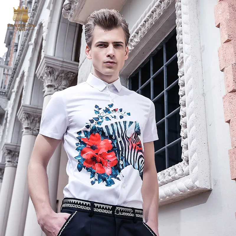Fanzhuan Бесплатная доставка 2016 Новинка мужские летние Для мужчин повседневная мода Slim Цвет зебра Цветочный белая рубашка с короткими