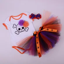 Комплект из 3 предметов для маленьких девочек, с черепом, оранжевая, 1-я, хэллоуинская пачка, наряд Детский комбинезон, юбка-пузырь, повязка на голову, одежда для фотосъемки