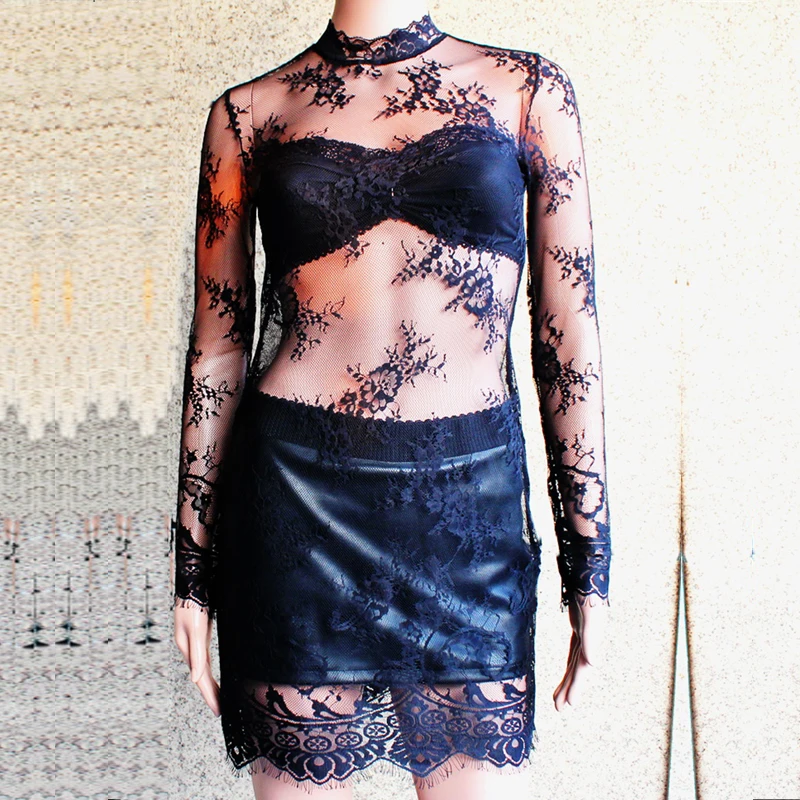 

Spring and autumn lace slim all-match slim hip of perspectivity cutout slim hip skirt plus size mm long-sleeve dress