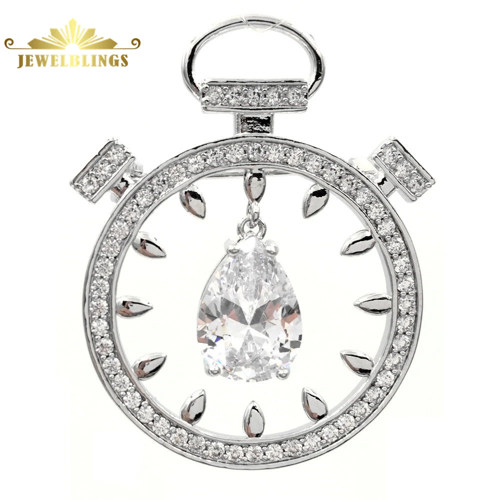 

Retro Vintage Opens Micro Pave CZ Clock Brooches Silver Tone Pear Shaped Stone Dangle Clock Pin Watch Broach for Costume Jewelry