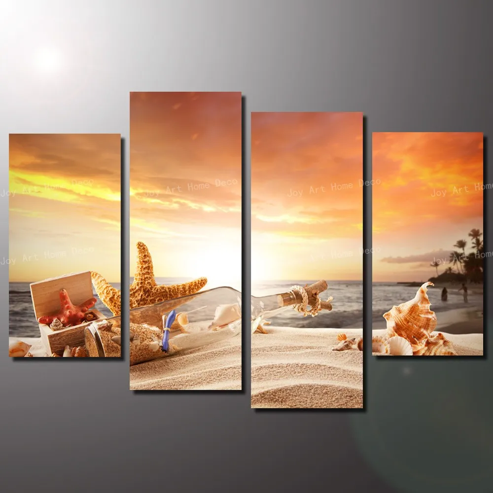 4 Panel Cheap Modern Paintings Sunny Beach Modern Wall Art Print on Canvas Poster and Print ...