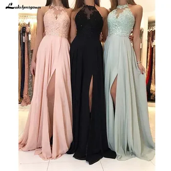 

Halter Neck Chiffon Bridesmaid Dresses Appliques A-Line Wedding Guest Dresses Simple Long vestido longo rosa