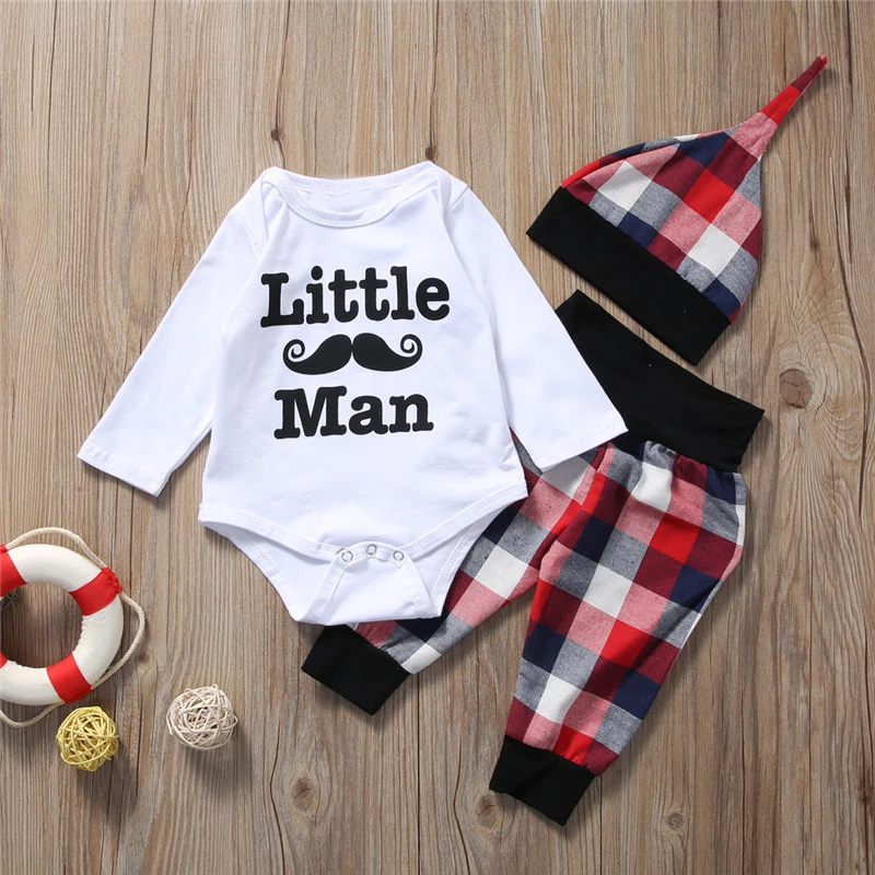 

3Pcs Infant Baby Boys Girls Long Sleeve Tops Romper Plaid Pants Hat Clothing Set Home Wear Outfits Set Newborn Babies Apparel