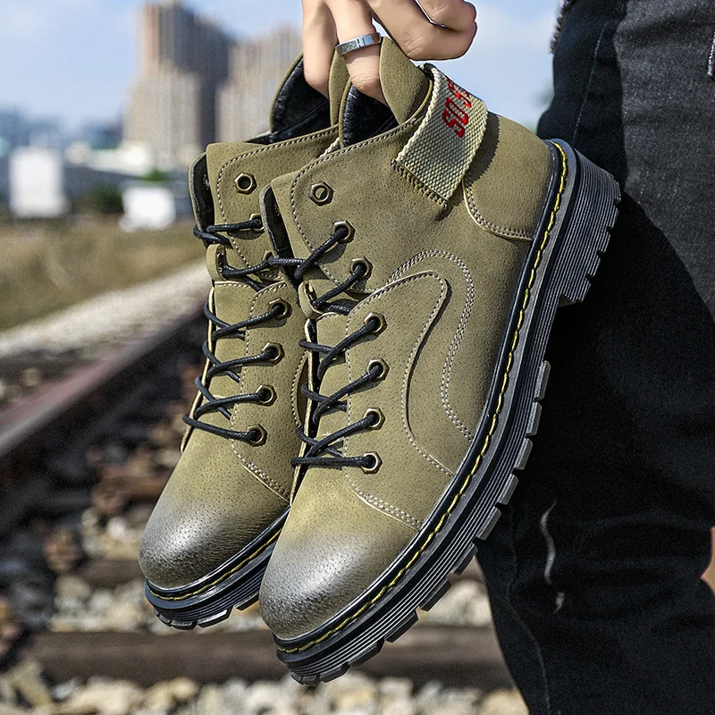 

Men's First Layer Pigskin Martin Boots 2018 New Autumn Winter High Quality Man Work Shoes Non-slip Adult Waterproof Combat Shoes
