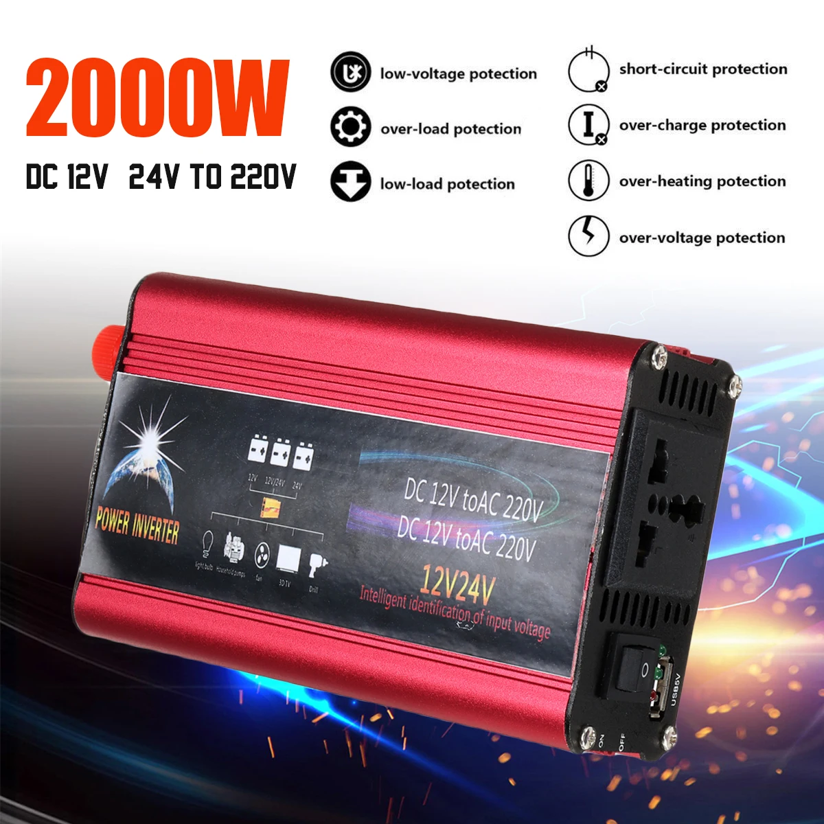

P EAK 2000W Sine Wave Power Inverter DC12/24V To AC 220V Car Charger USB Converter Aluminum Alloy Protect Voltage Transformer