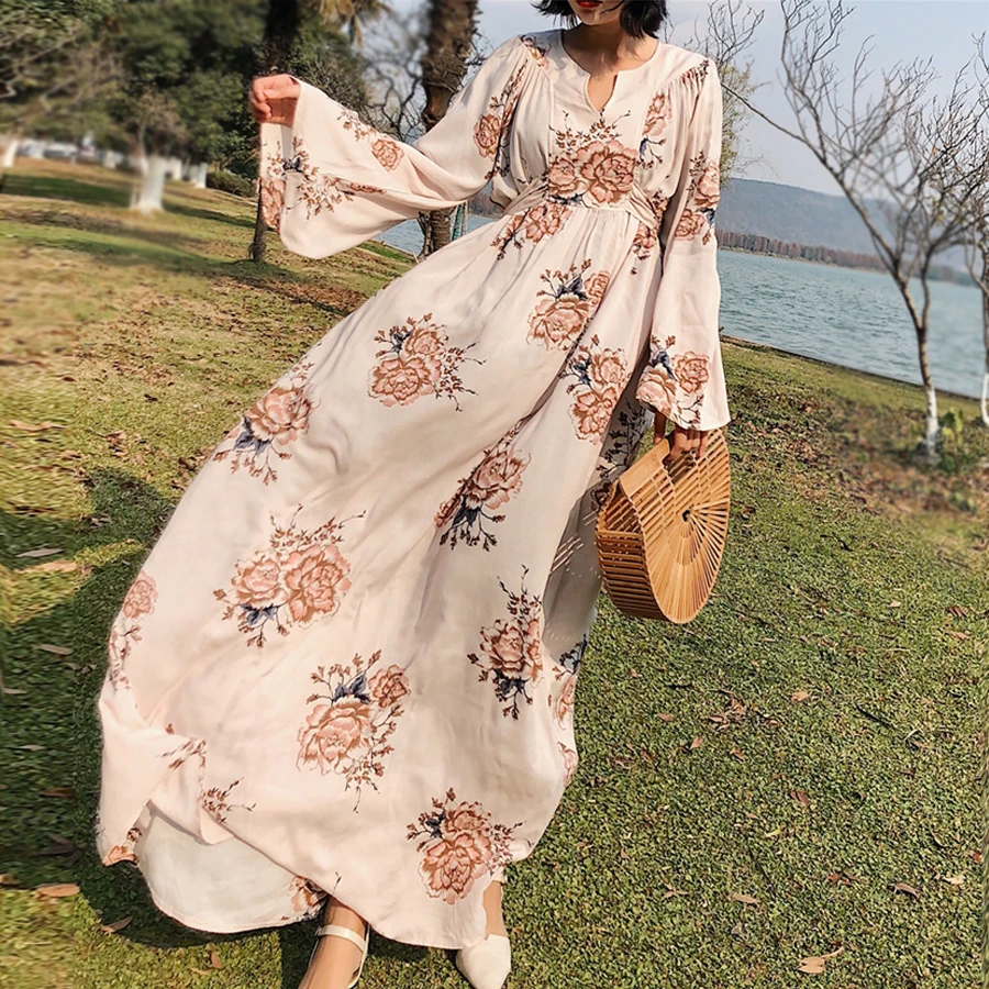 

Boho maxi dress 2018 spring vintage floral print cotton flare long sleeve empire women loose beach bohemia floor-length vestidos