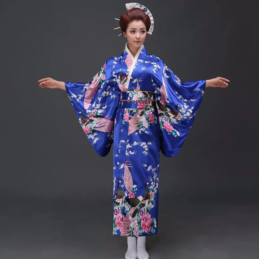 Blue peafowl Japanese Kimono Women's Polyester Satin Kimono Yukata Evening Dress Haori Kimono