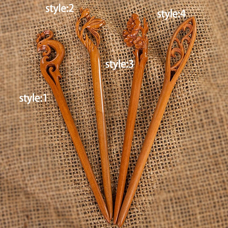 

4 style Retro Women Hair Accessories Ethnic Lady Wooden Handmade Carved Flower Chopstick Hair Stick Pin Wood Hair Clasp JL