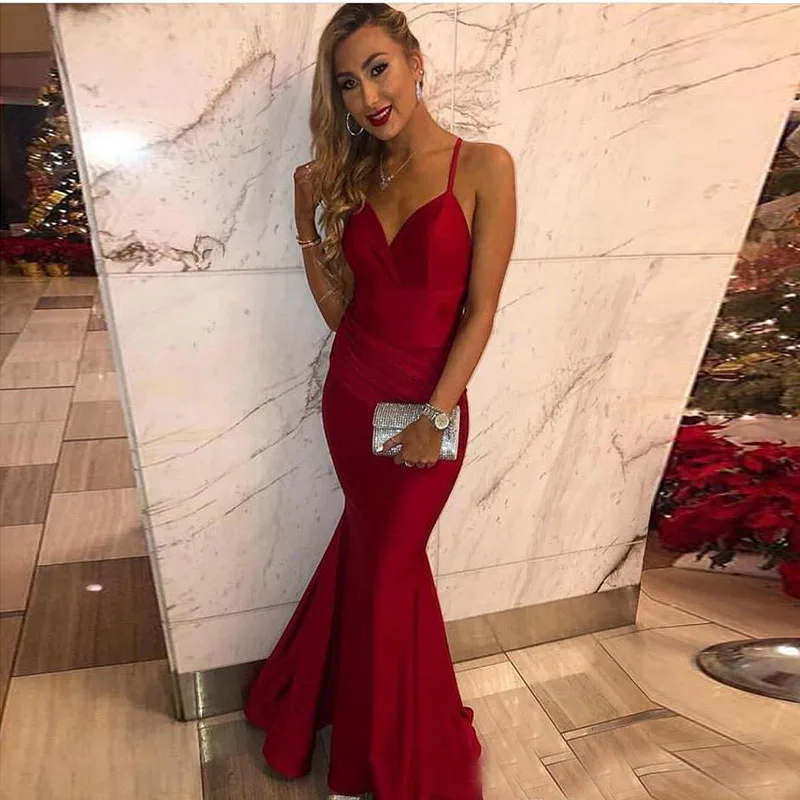 

Simple Burgundy Evening Dresses Spaghetti Straps Formal Evening Party Dresses Cheap Crisscross Back Women Trumpet Mermaid Dress