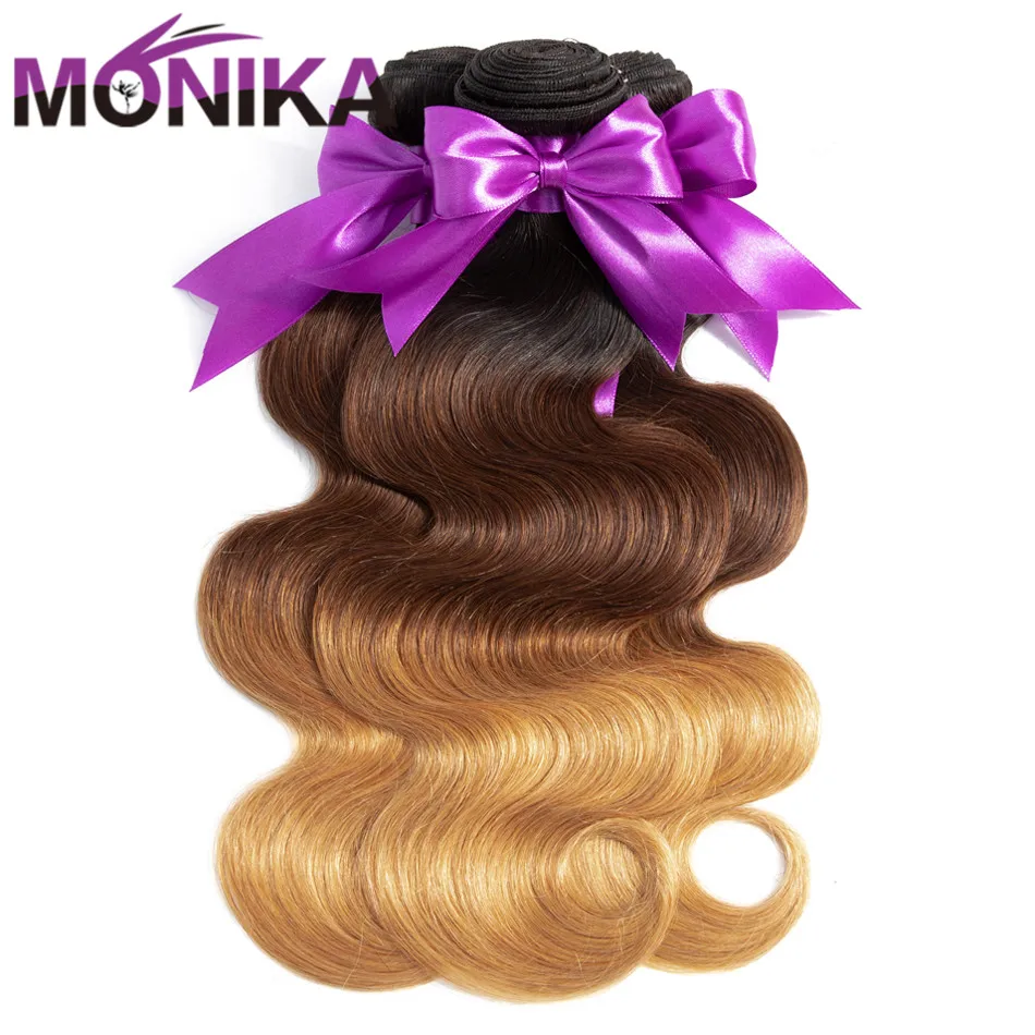 

Monika Brazilian Body Wave Pre-colored 3/4 Bundles Ombre Hair Blonde Bundles T1B/4/27 Color Dark Root Non Remy Human Hair Weaves