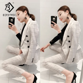 

Women's Office Lady Two Pieces Plaid Elegant Double Breasted Turn-down Collar Blazers Full Length Trousers 2018 New Suit S88708Y