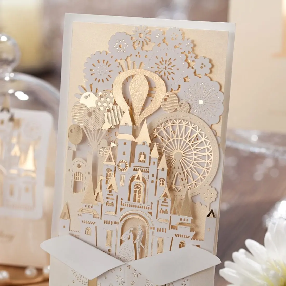  20Pcs Luxury Laser Cut 3D Pop Up Wedding Invitations Card with Envelops Elegant Gold & Red Customiz - 33020820064