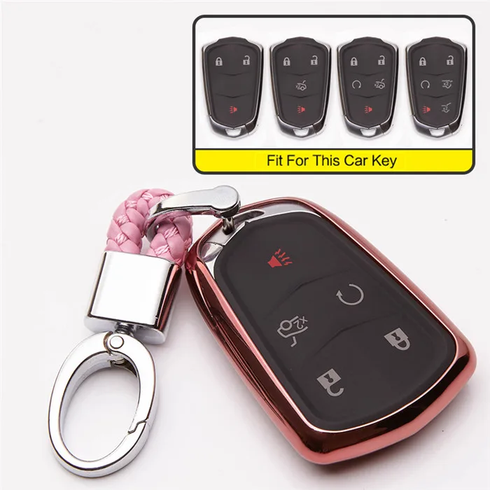 Стильный ключ для автомобиля из ТПУ чехол для Cadillac Escalade SRX CTS ats XTS STS чехол для защиты ключей аксессуары для ключей интерьер - Название цвета: Pink With Keyring