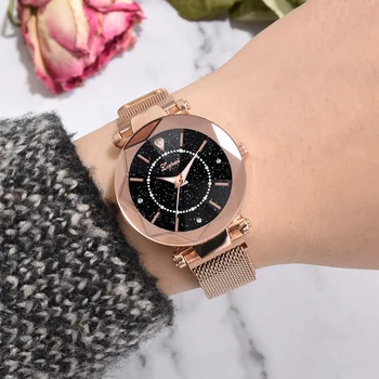 

Luxury Mesh Ladies Clock Fashion Magnet Buckle Women Starry Sky Diamond Wristwatches Geometric Surface Casual Dress Quartz Watch