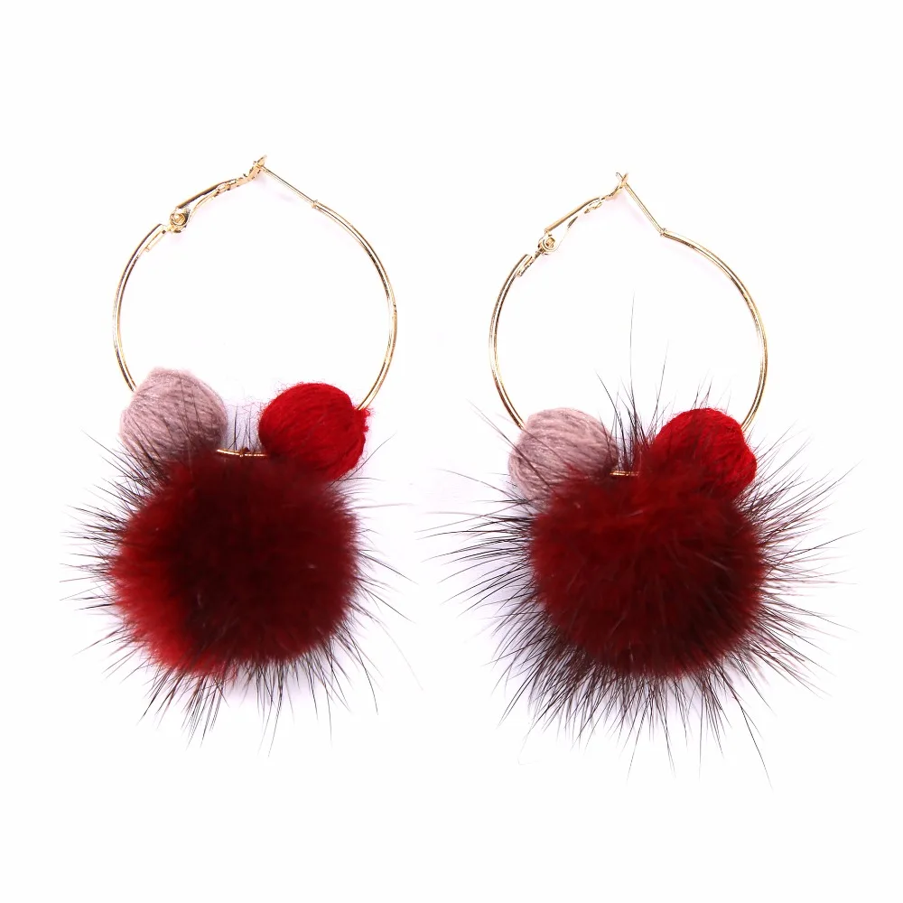 Long Hair Furry Ball Double Colors Wool Beads Golden Piercing Hoop Fuzzy Dangle Earrings Drop