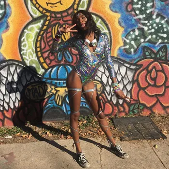 

Women's sexy laser hologram romper bodysuit female bodycon collorful Shiny dancer hooded Jumpsuit with cap