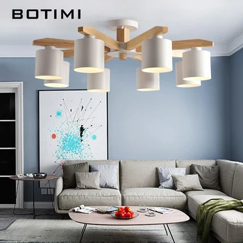 

BOTIMI Wooden Chandelier For Living Room Wood Frame Lustre Lighting With Cylindrical Metal Lampshades Dining Table Kitchen Lamps