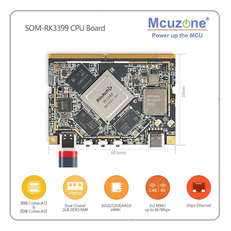 

SOM-RK3399 CPU Board AI Developer WiFi BT Support Gbps Ethernet and Dual-screen display Android/Ubunt/QT/buildroot HDMI IN/OUT