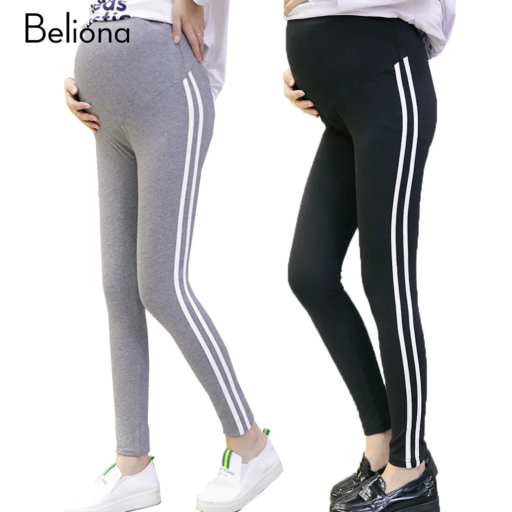 Cotton Maternity Leggings Side Stripe Pants for Pregnant Women High