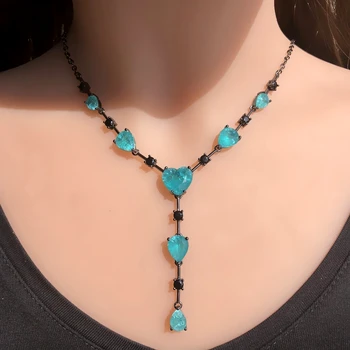 

Luxury Heart Long Pendant Necklaces For Women Water Drop Fusion Stone black Cubic zirconia statement necklace Boho party Jewelry