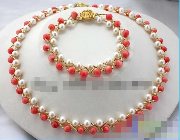 

Fast shipping + 12630 white round pearl pink coral necklace bracelet hot