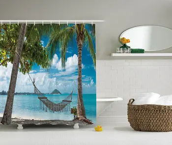 

Beach Hammock Decor Collection Palm Trees Romantic Resort Tropical Weather Cloudy Summer Sky Print Polyester Shower Curtain Set