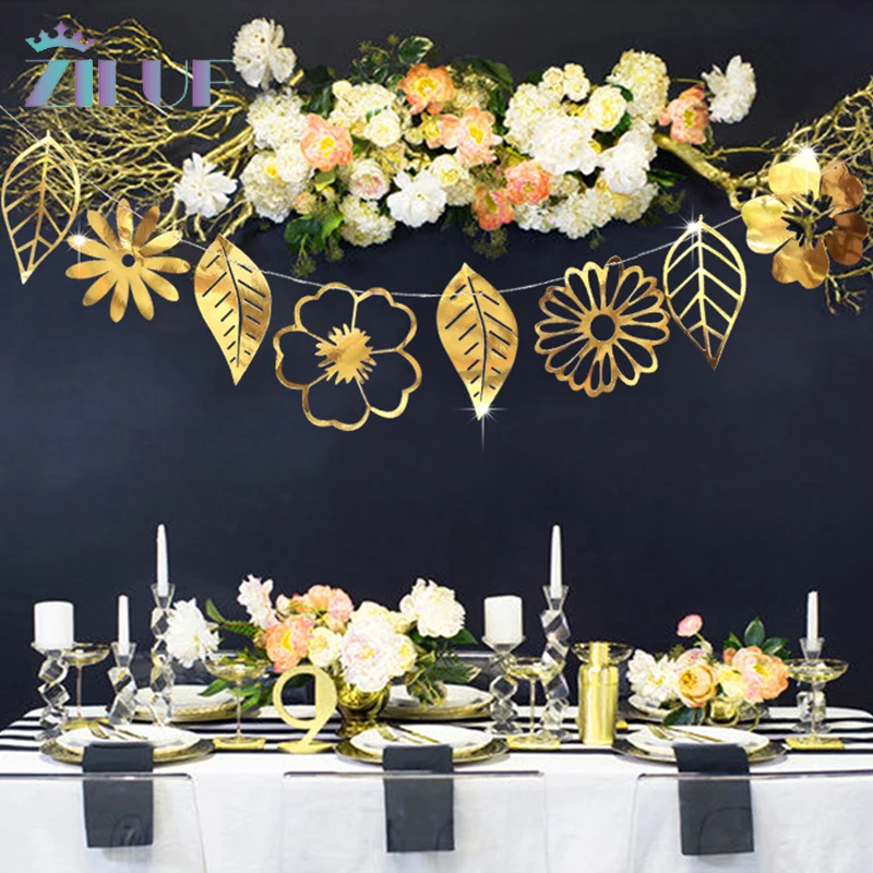 Zilue 1pcs Flower Paper Garlands Gold Sliver Leaves Pattern Decor