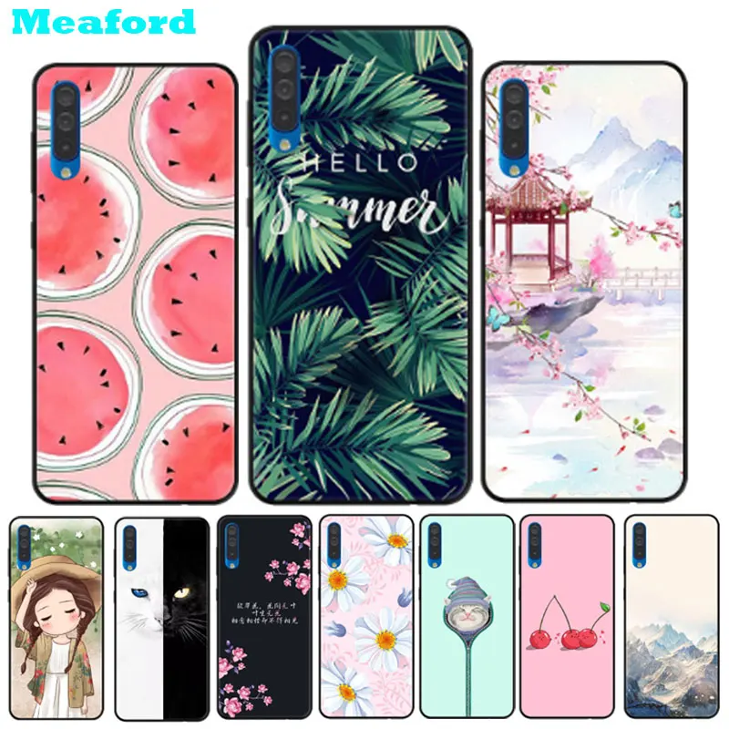 

For Samsung A50 Case Silicone TPU Cover Black Frame Soft Print Phone Cases For Samsung Galaxy A50 Coque A 50 A505 Case Flower