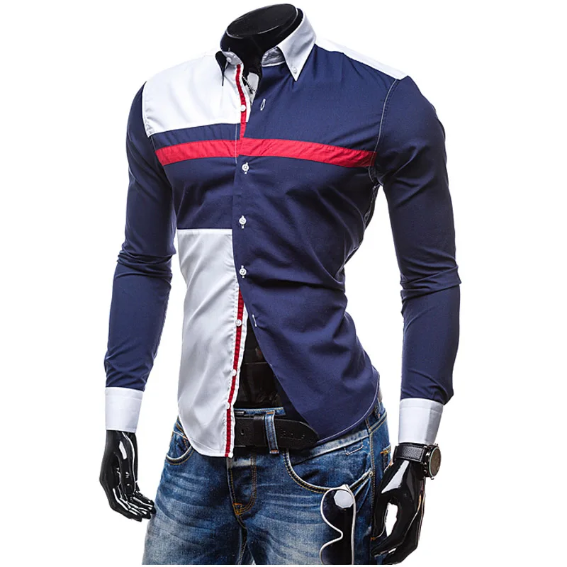 

High quality 2020 Fashion Spring autumn Contrast Three color patchwork Casual Wedding Dress Shirts Stitching leisure shirts men