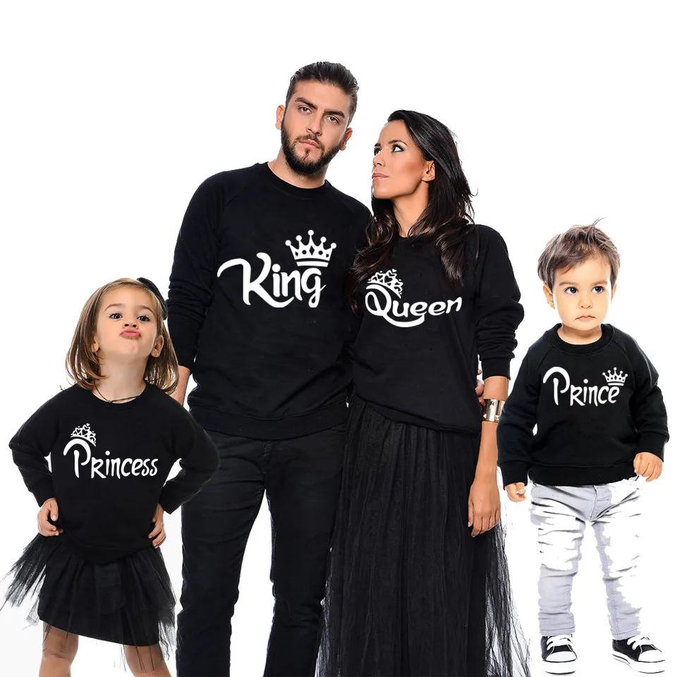 

Autumn Winter XMAS Family Couple Matching Clothes Long Sleeve King Queen Crown Women Men Lovers Outfits Round Neck Pullover Top