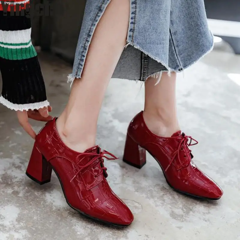 

New 100% Real Photo High Heels Pumps Square Toe Pu Leather Shoes Women Ladies Red Sexy Chaussure Femme 34-43