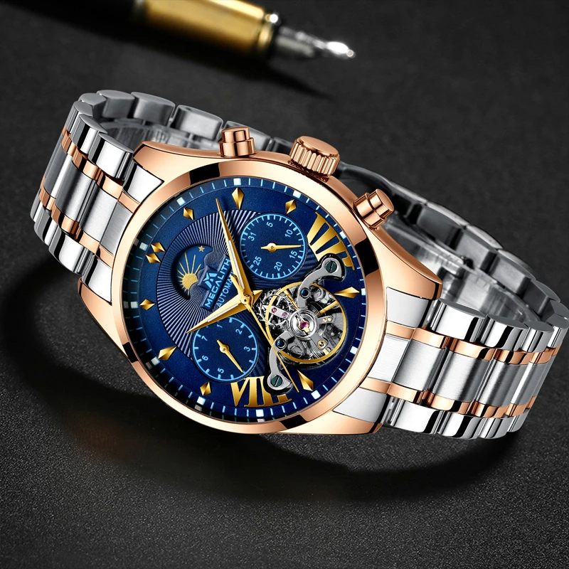 

MEGALITH Men 2019 Fashion Automatic Mechanical Men Watch Waterproof Luminous Date Week Moon Phase Watches Sport Tourbillon Clock