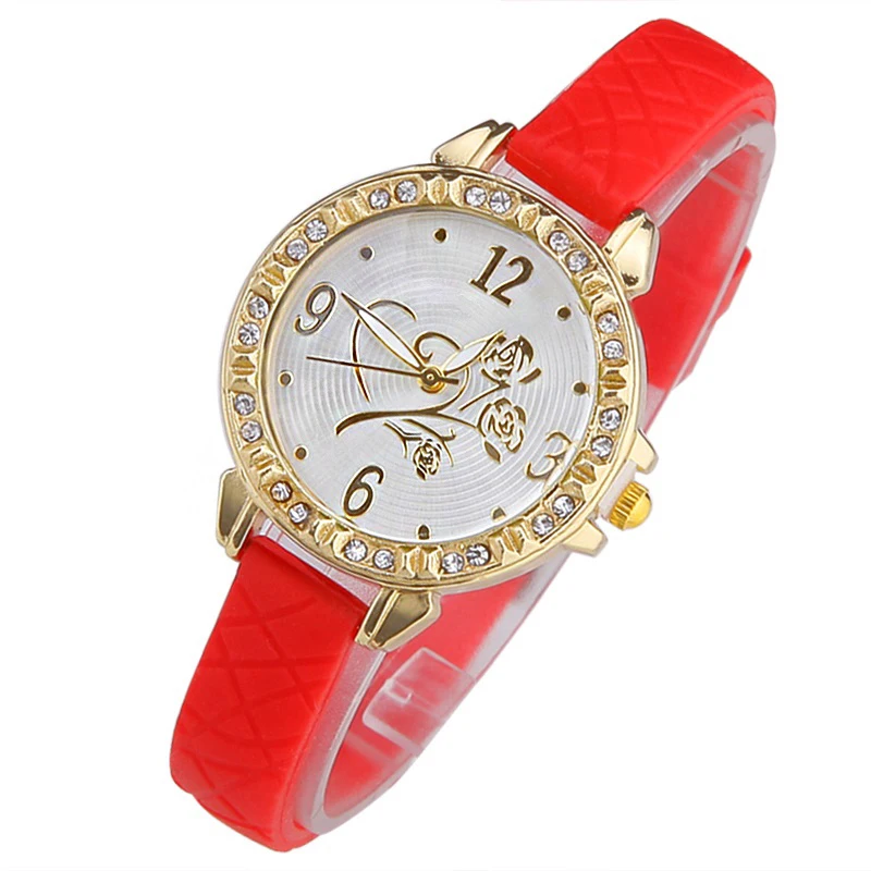 

Gnova Platinum Women's Lady Rhinestone Crystal Silicone Rubber Strap Band Golden Heart and Roses Dial Analog Wrist Watch quarz