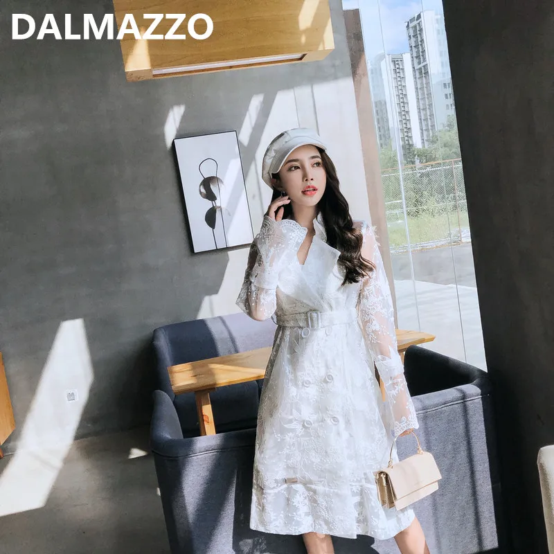 

2019 Newest Spring Design Belt Dresses Women White Mesh Lace Embroidery Loose Knee-Length Dress With Lining Female