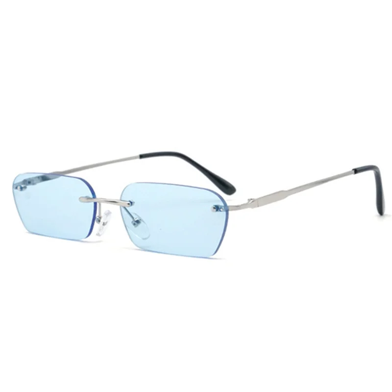 Прямоугольные солнцезащитные очки без оправы es Женские винтажные брендовые дизайнерские солнцезащитные очки «кошачий глаз» мужские ретро маленькие желтые очки UV400 - Цвет линз: Синий