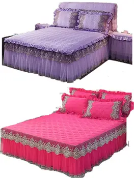 

Gray beige blue luxury lace bedding bed skirt set polyester / cotton padded bed cover lace pillowcase 1pc / 3pcs
