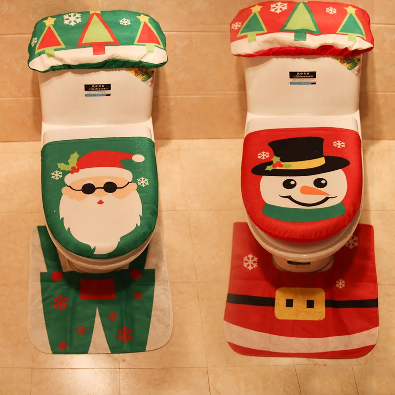 3PCS Super Soft Fabric Toilet Cover Christmas Party Decorations Snowman Santa Claus Toilet Seat Cover and Rug Set
