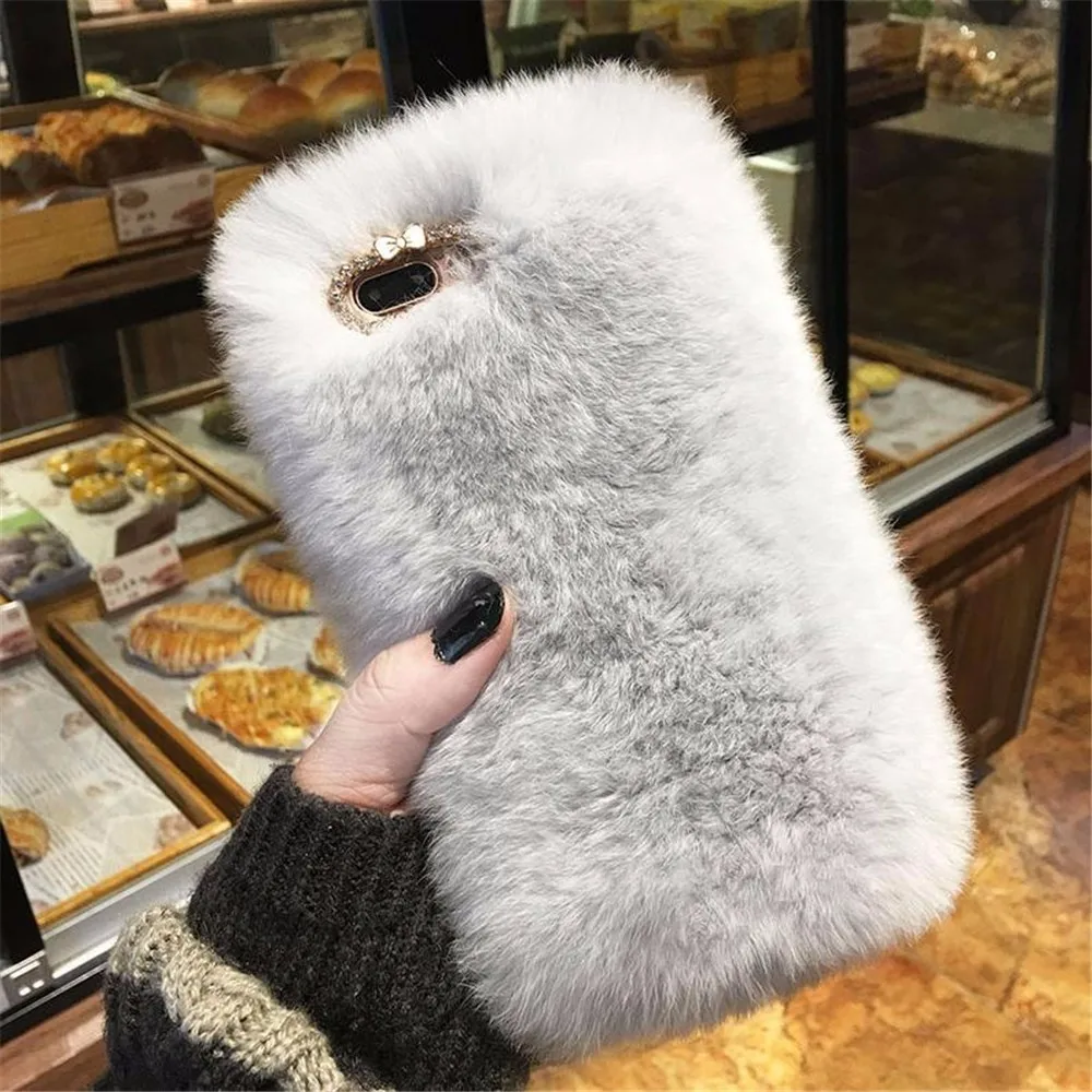 

LISHE Luxury Rabbit Fur Case for iPhone 8 7 6 6S Plus Cover Fashion Bling Diamond Winter Soft Furry Shell Plush Phone Cases